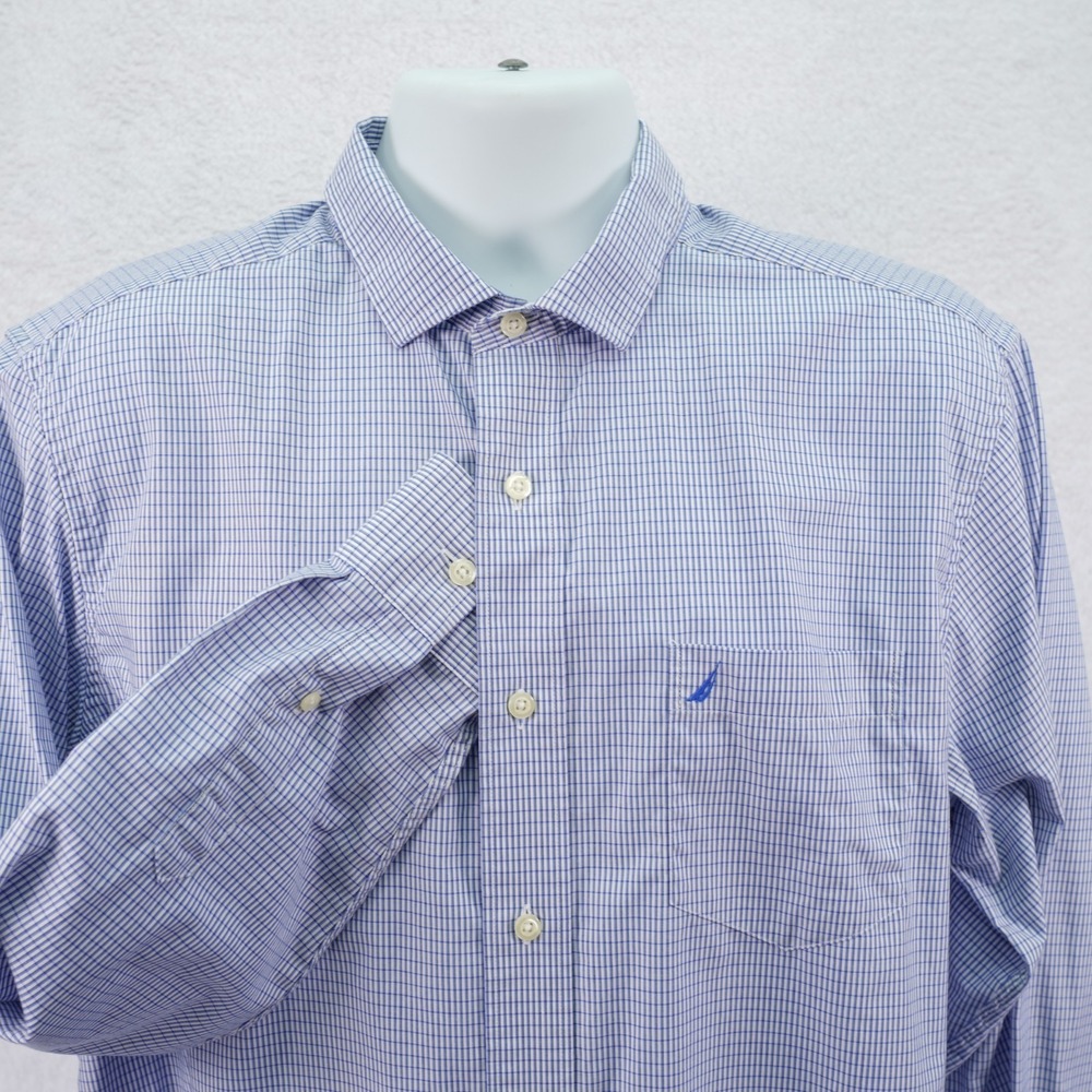 Nautica Men's Wrinkle Resistant Blue Check Collared Dress Shirt‎ Large Cotton